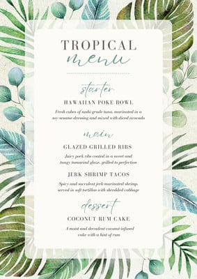 Modern Elegant Floral Tropical Summer Cafe Menu Canva template, green and cream