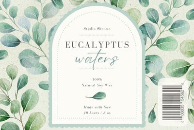 Elegant Modern Watercolor Eucalyptus Candle Label Canva template, green and beige