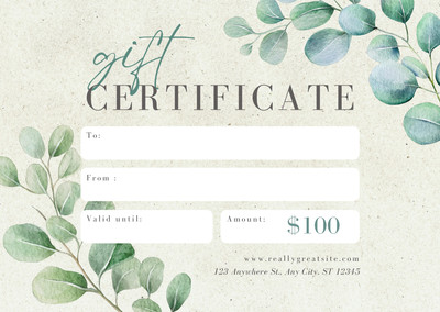 Elegant Floral Watercolor Eucalyptus Leaves Gift Certificate Canva template, green