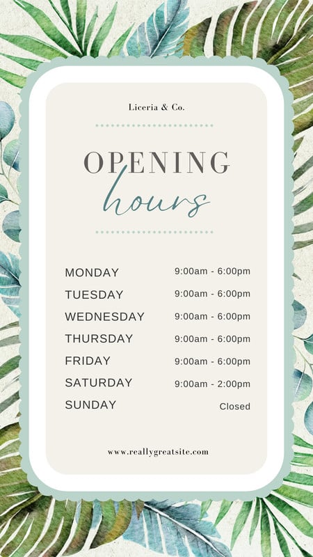 Elegant Opening Hours Business Informational Instagram Story Canva template, green