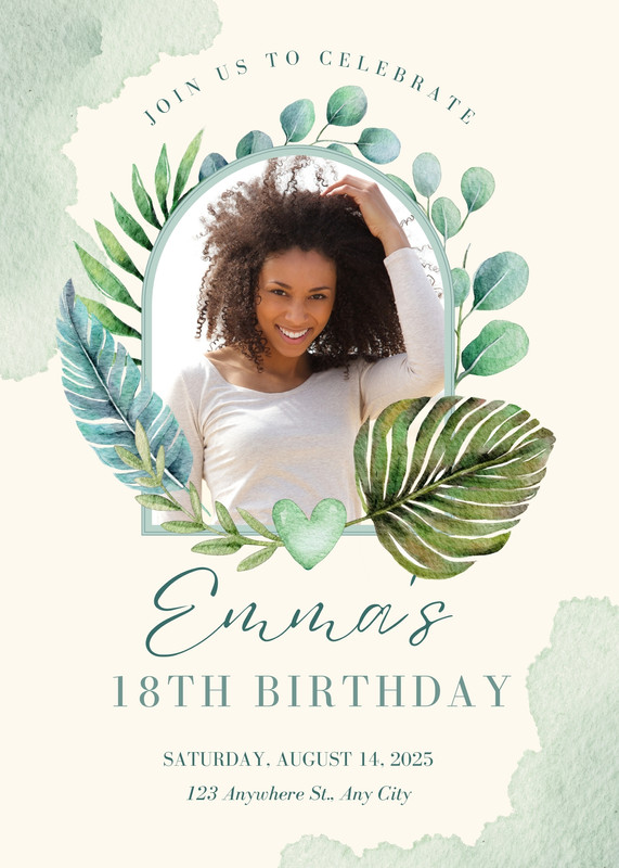 Elegant Floral Photo 18th Birthday Invitation Canva template, green and beige