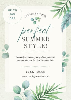 Elegant Summer Sale Shop Marketing Promotional Flyer Canva template, green and beige
