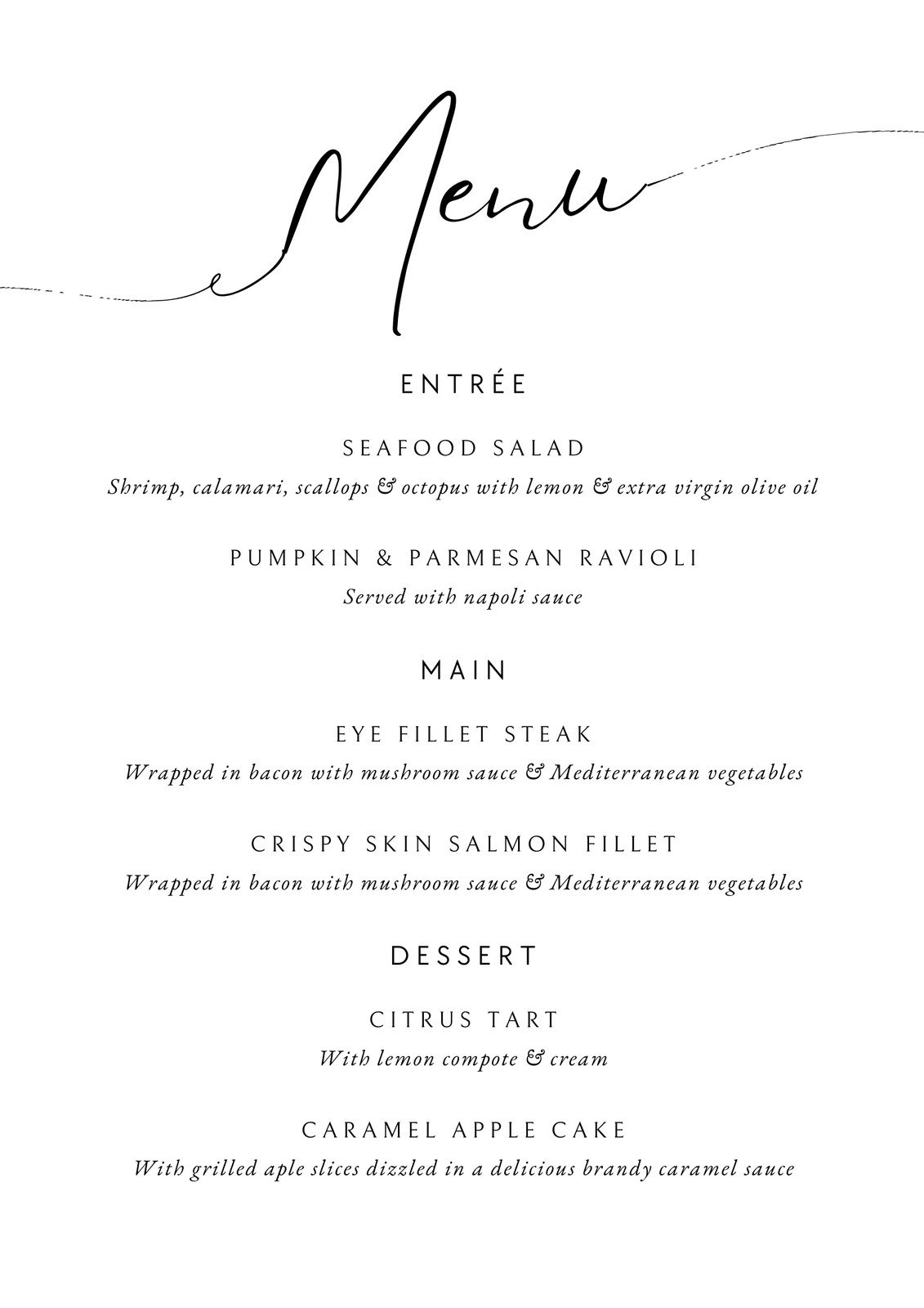 Black and White Minimalist Elegant Calligraphy Dinner Menu
