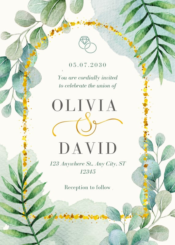 Elegant Floral Tropical Eucalyptus Wedding Invitation Canva template, green