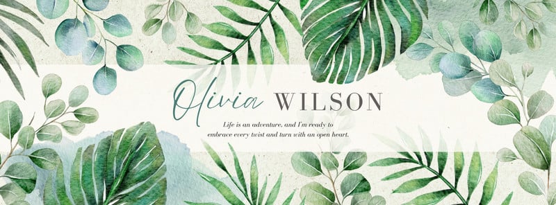 Elegant Delicate Watercolor Tropical Leaves Personal Facebook Cover Canva template, green