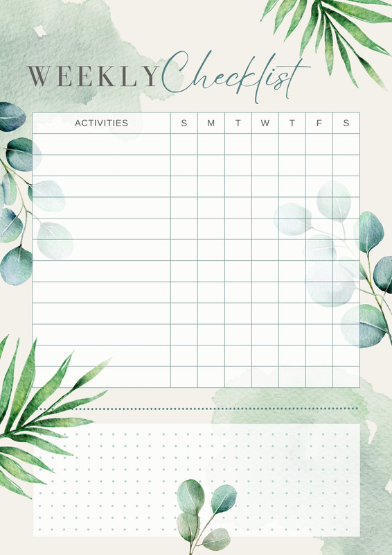 Elegant Watercolor Floral Weekly Checklist Document Canva template, green