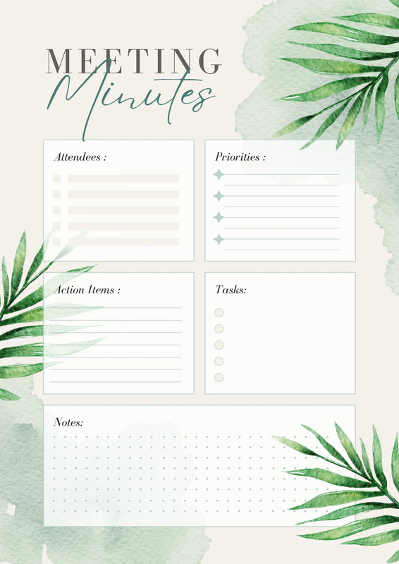 Watercolor Floral Leaves Meeting Minutes Document Canva template, green and cream