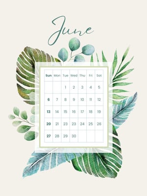 Elegant Floral Watercolor Leaves June 2027 Calendar Instagram Post Canva template, green