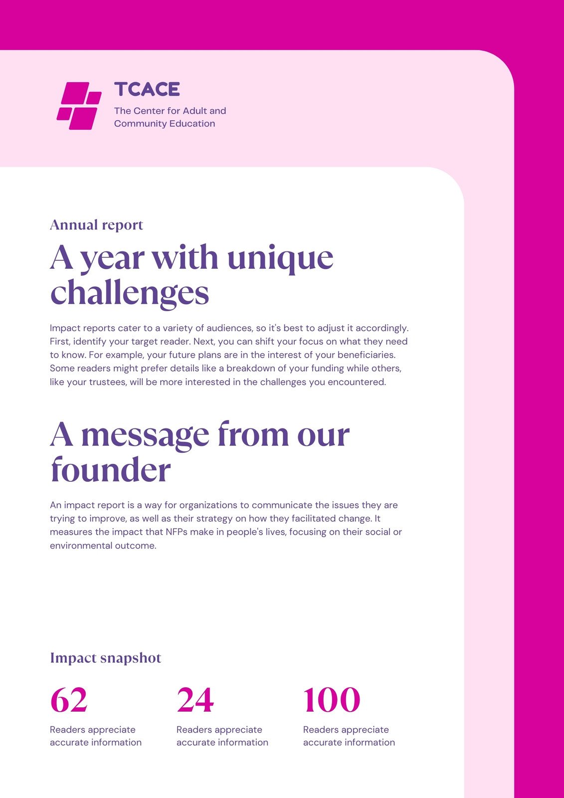 Pink Purple White Nonprofit Adult Community Education Clean Geometric Charity Report