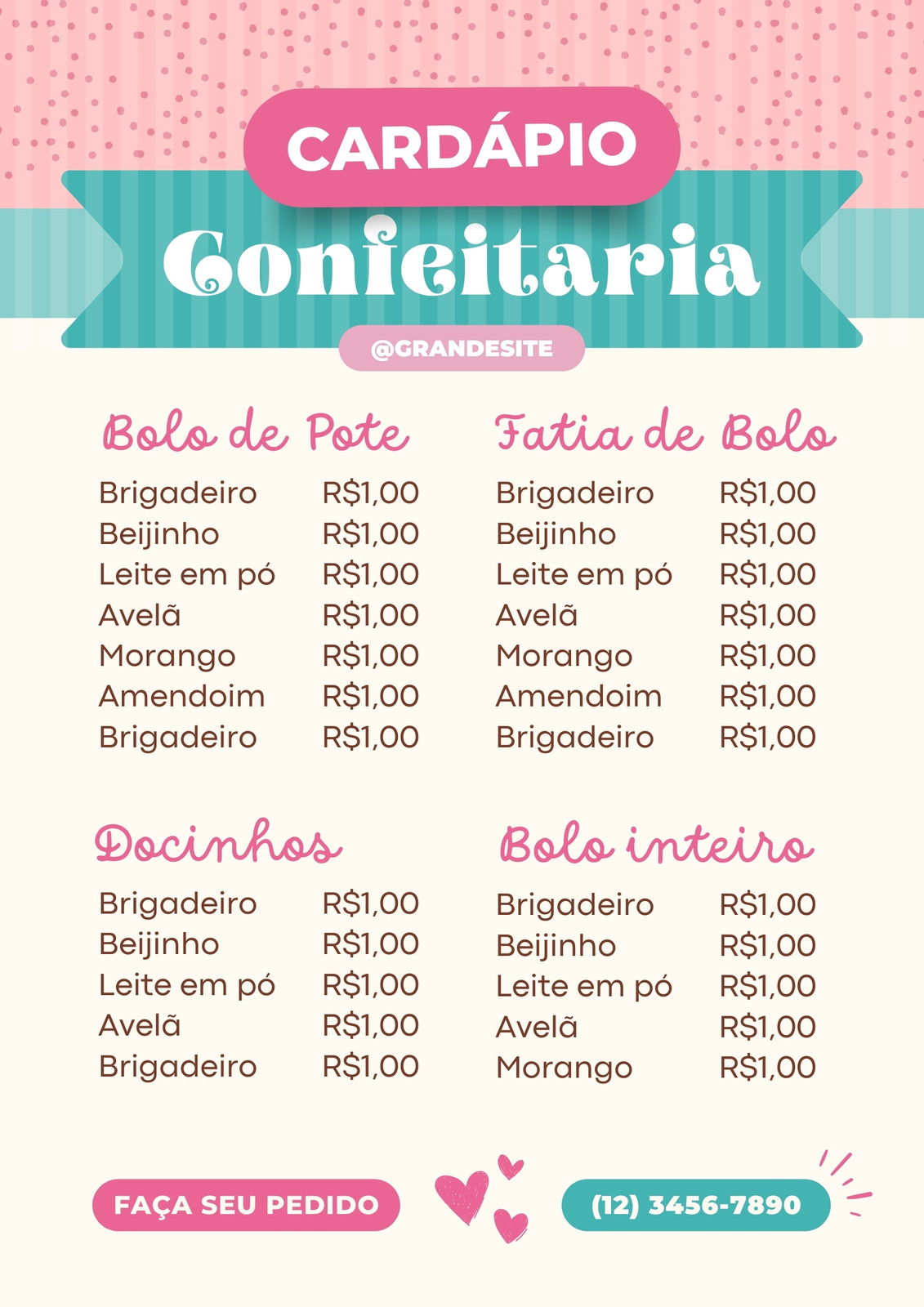 Cardápio de confeitaria menu divertido bege e rosa