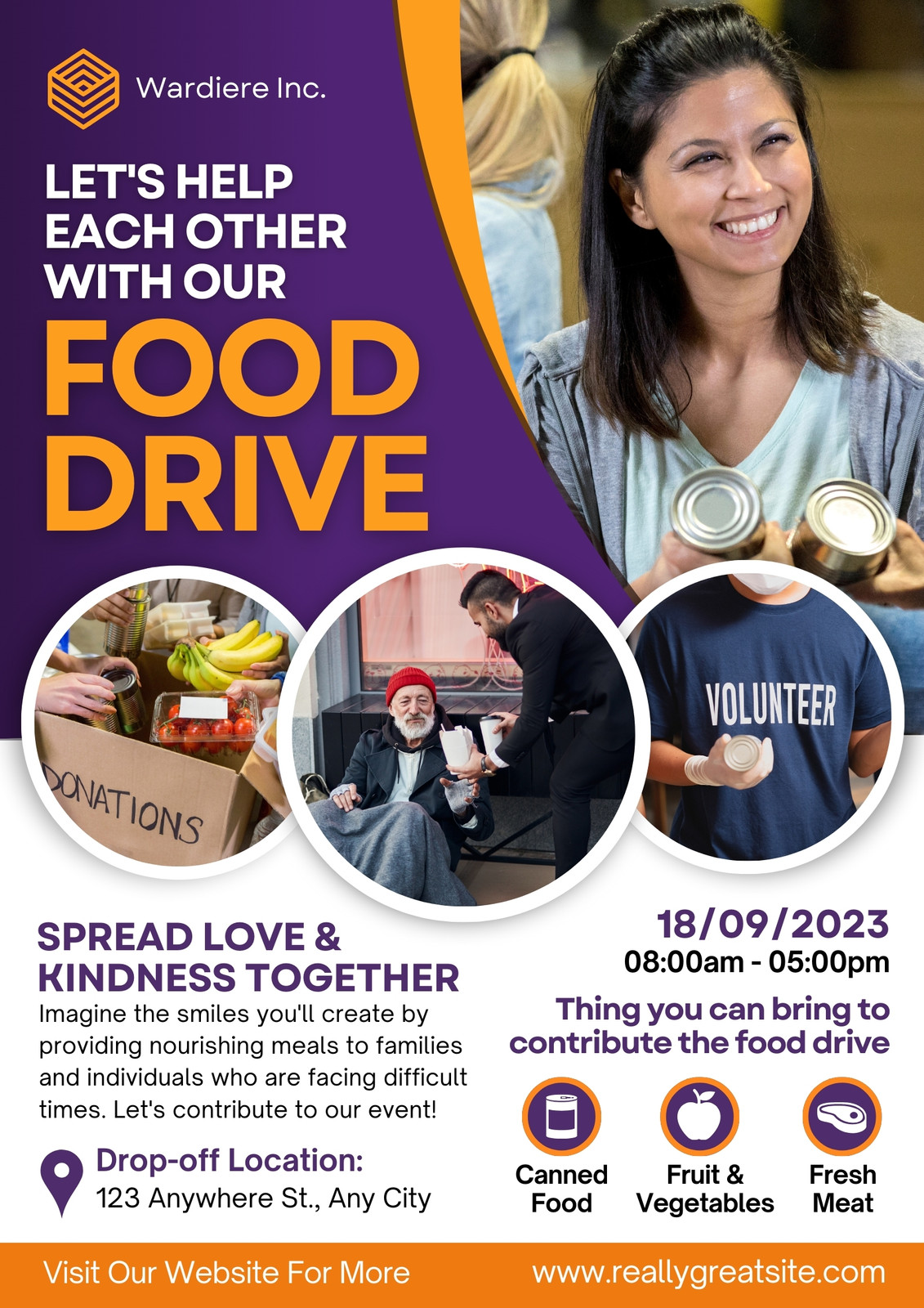 Purple and Orange Modern Food Drive Flyer