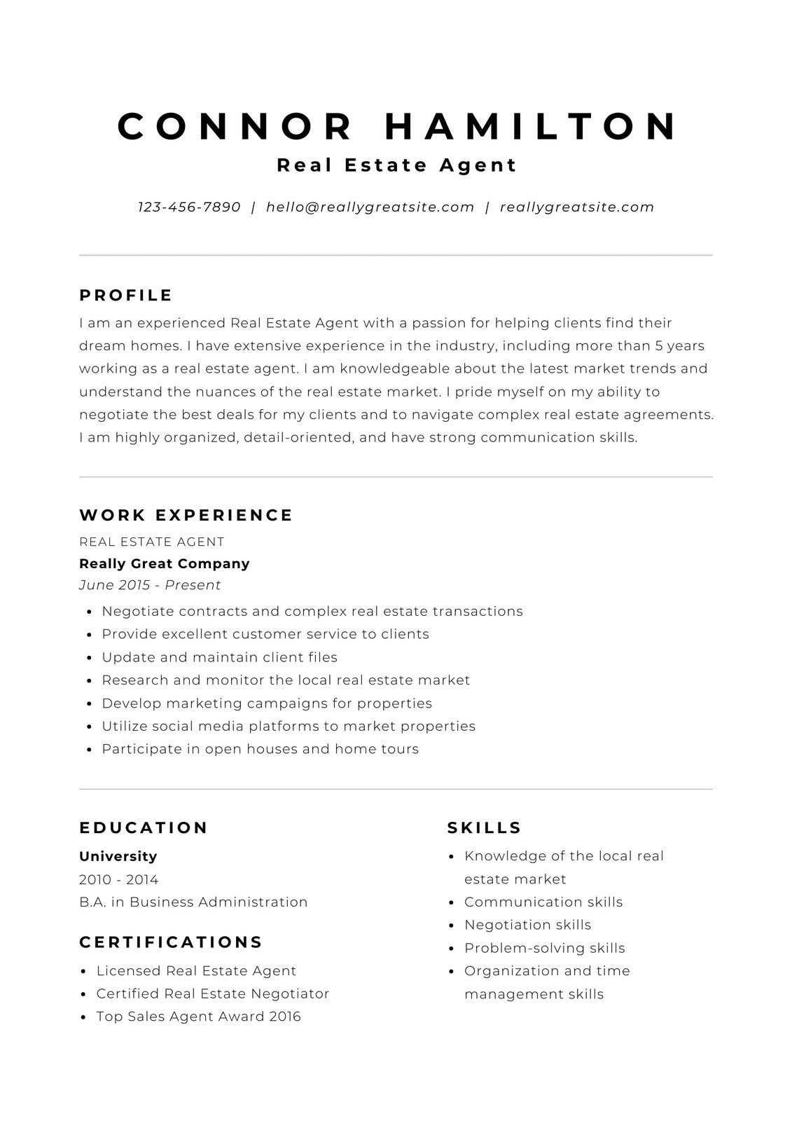 Black and White Simple Minimalist Real Estate Resume