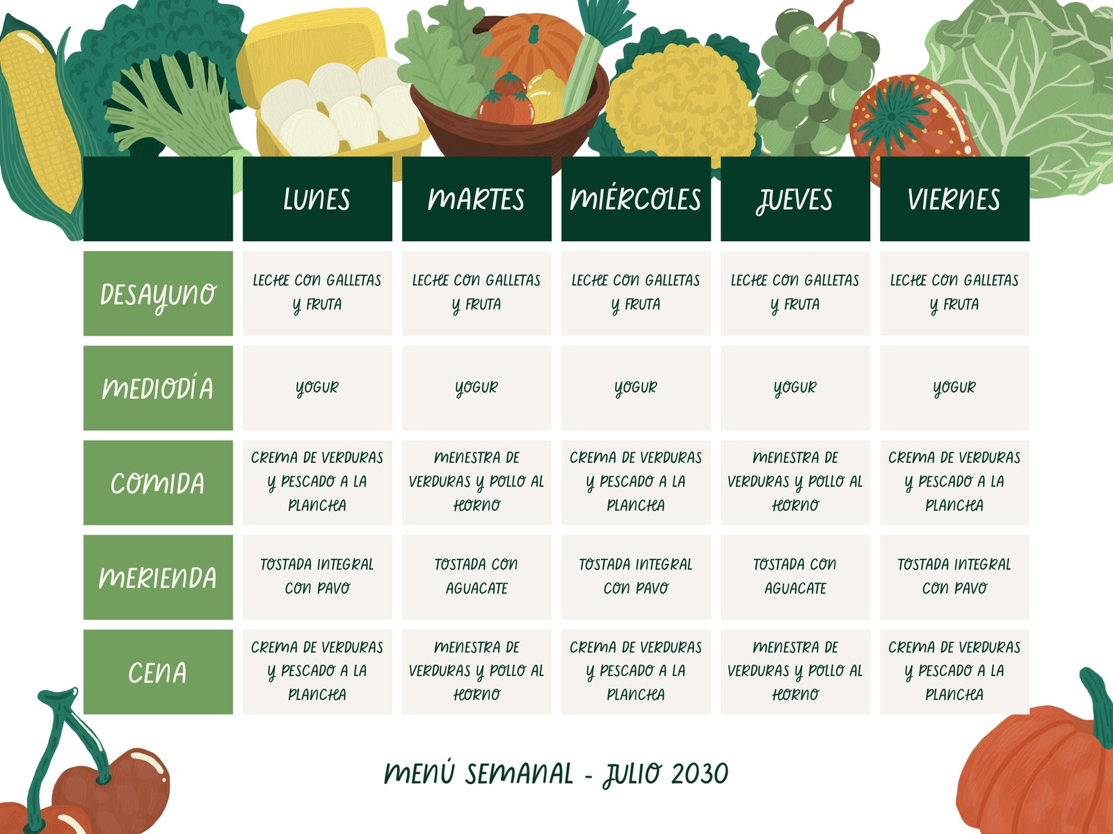 Grafico Menú semanal infantil ilustrado verde