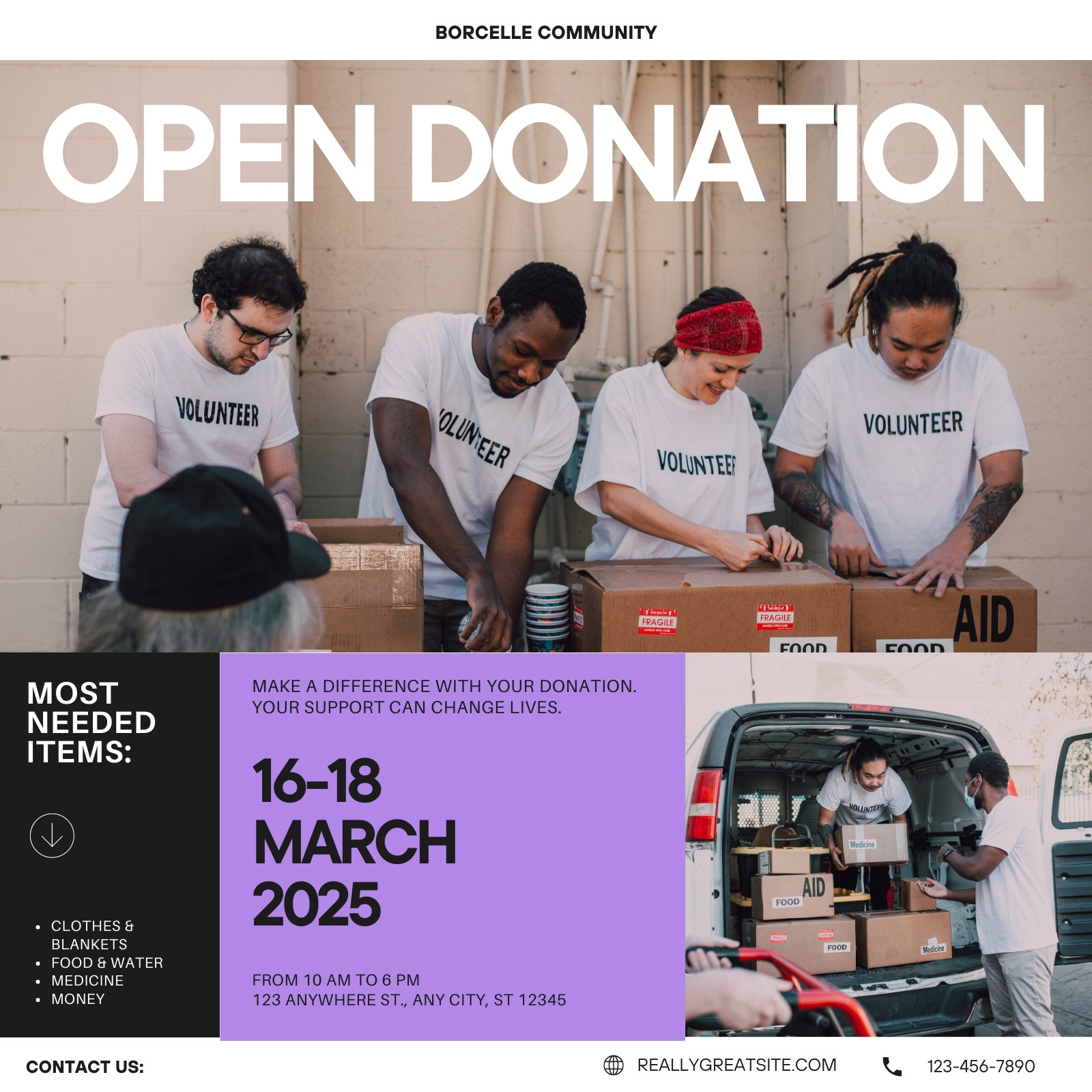 White Purple Bold Open Donation Event Instagram Post