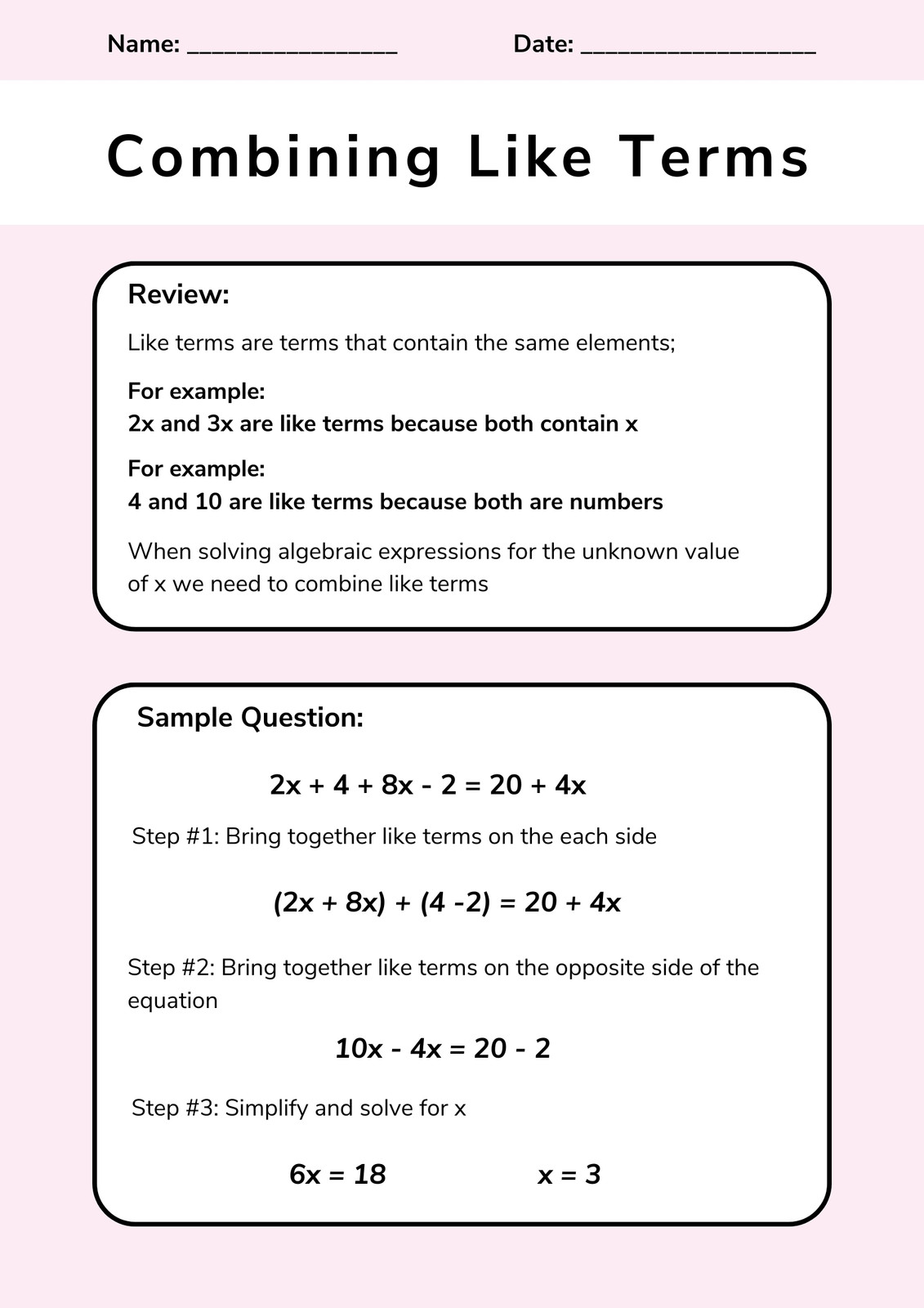 Free custom combining like terms worksheet templates | Canva