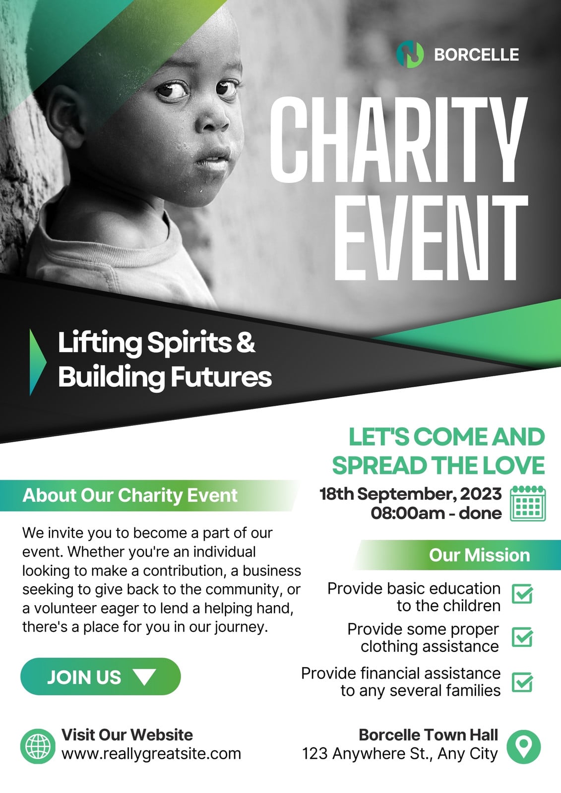 Green and White Modern Gradient Charity Event Flyer