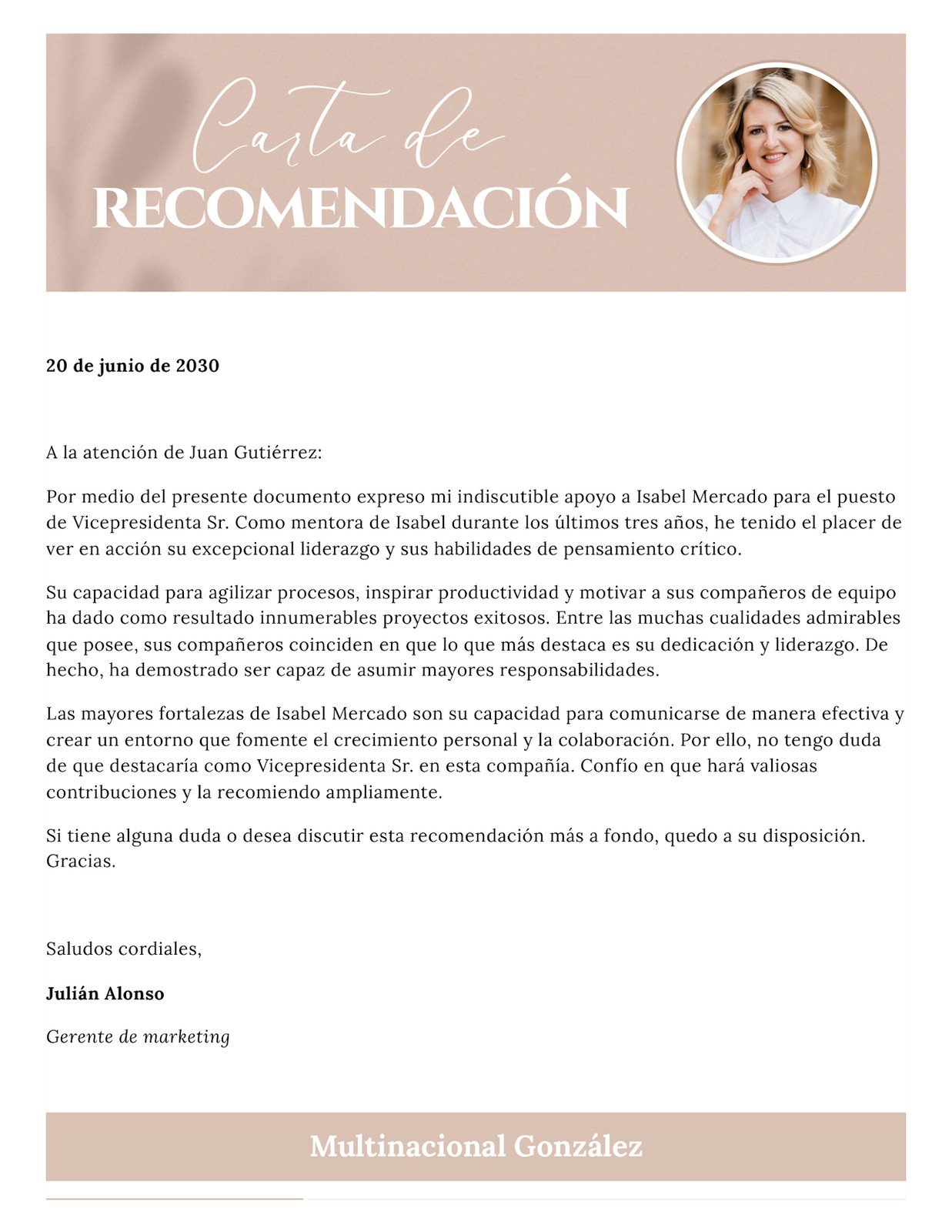 Doc Carta de Recomendación Elegante Beige