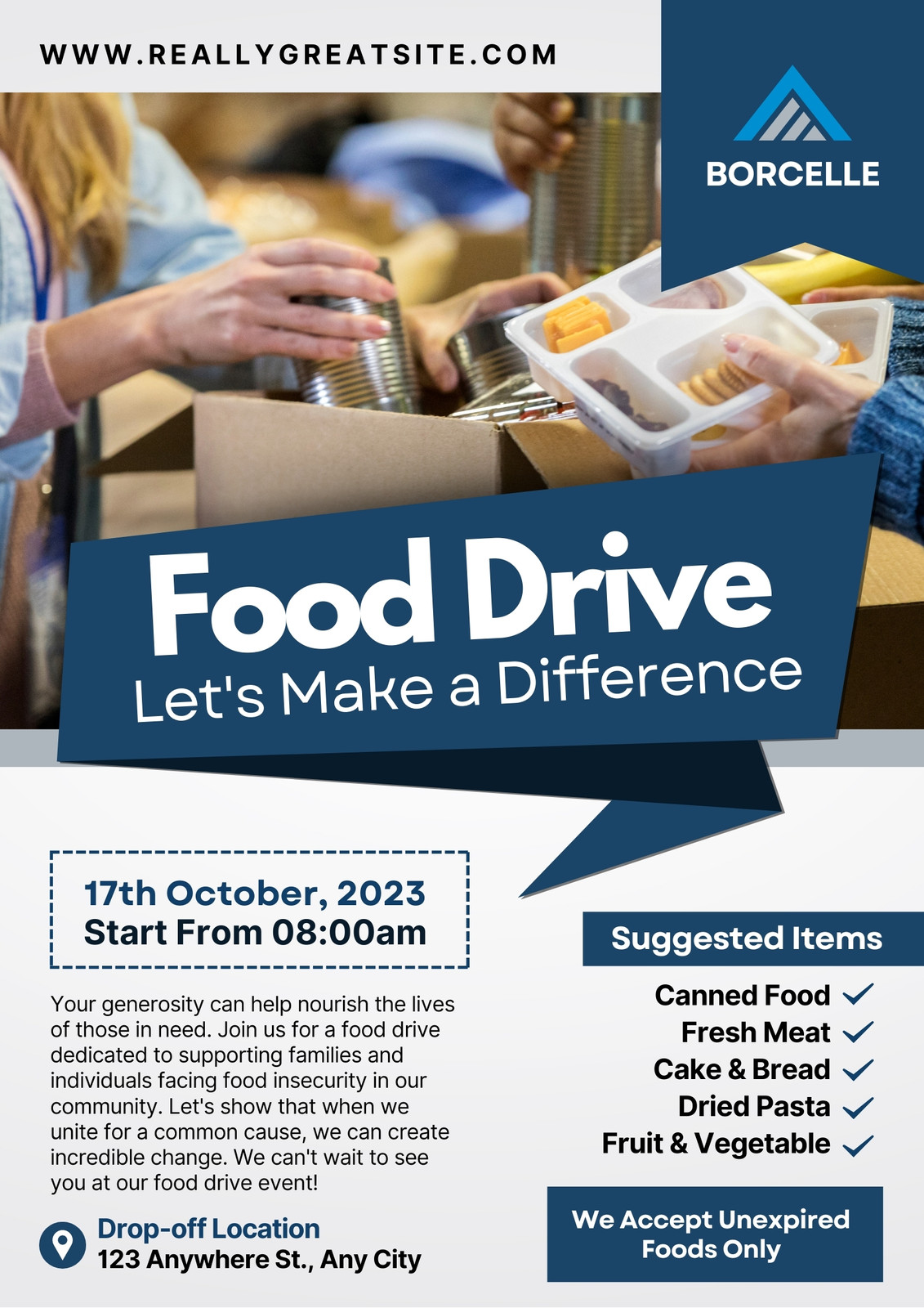 Blue and White Simple Minimalist Food Drive Poster