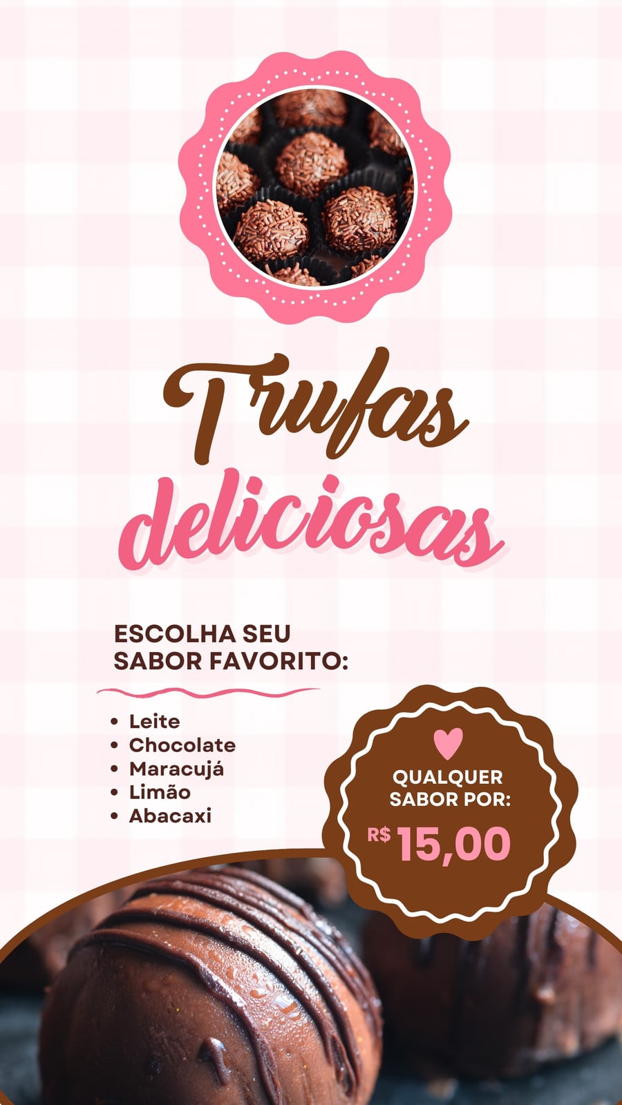 Trufas de chocolate doces moderno marrom rosa instagram story
