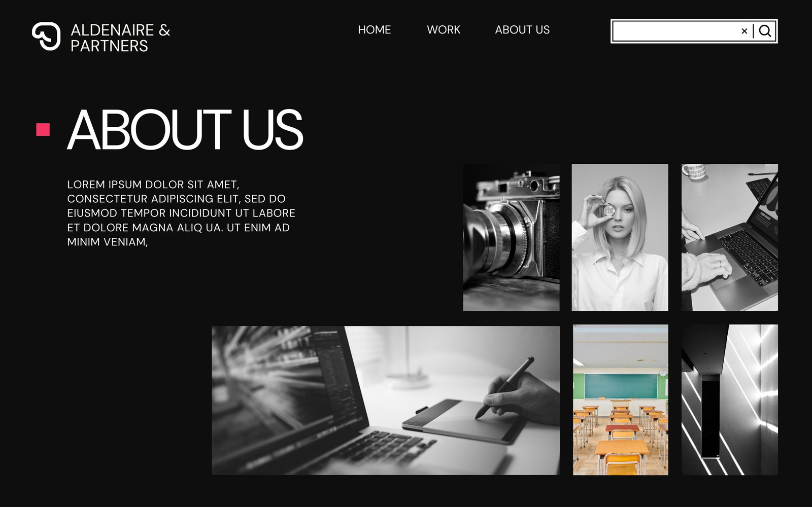 Black and White Modern Minimalist Creative Portfolio About Us Page Website Design Prototype