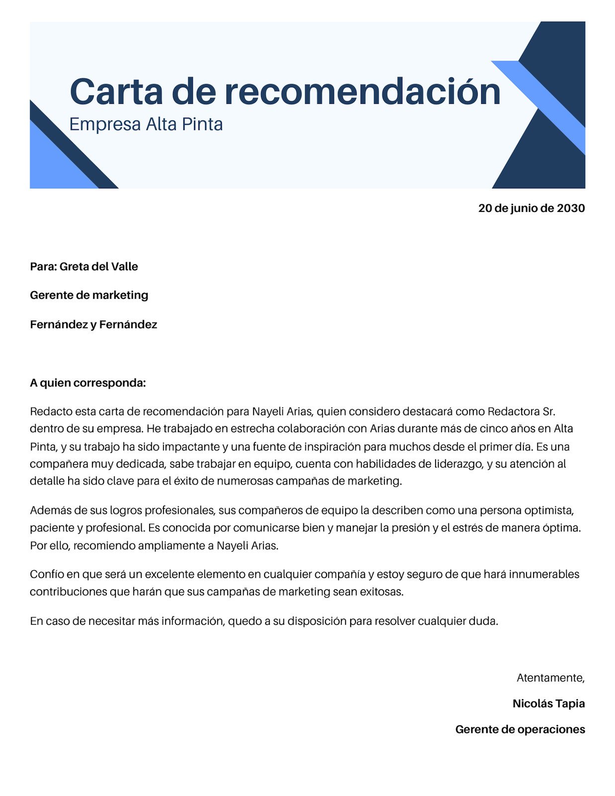 Doc Carta de Recomendación Estándar Corporativa Azul