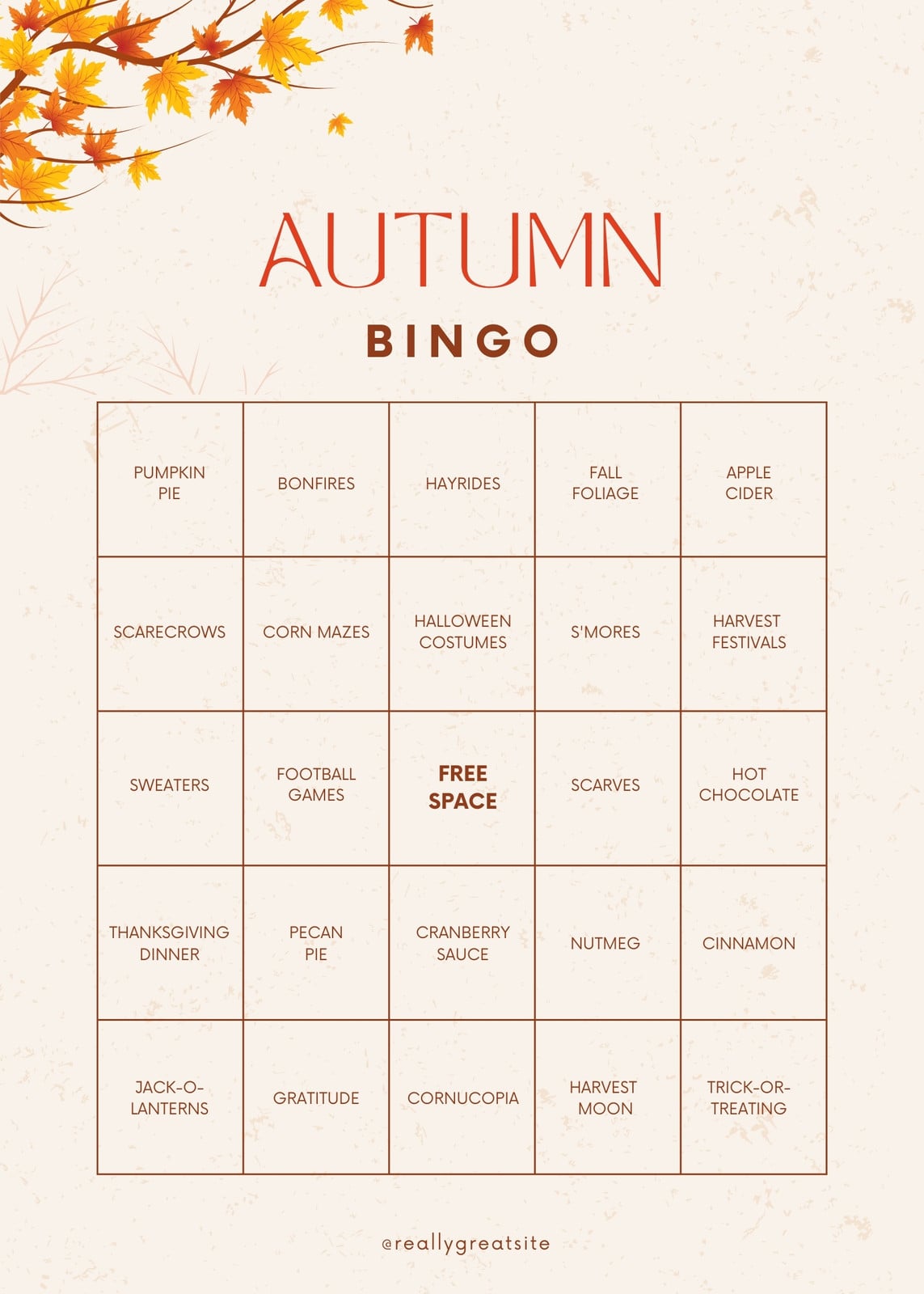 Beige and Orange Rustic Autumn Bingo Card