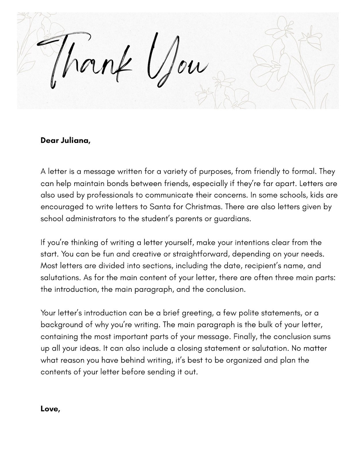 Thank You Letter Doc in Black and White Simple Elegant Style