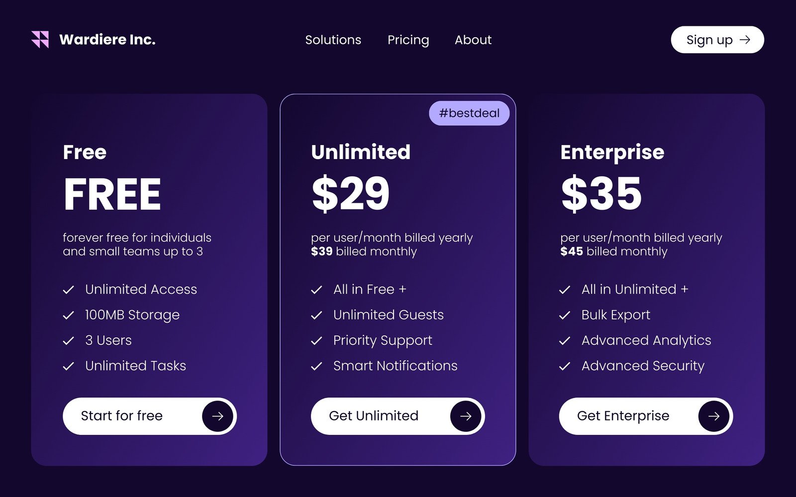 Dark Blue Modern Gradient Pricing Plans Overview Website UI Prototype