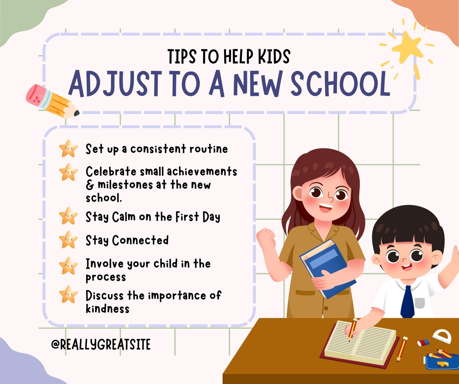Colorful Illustration Tips How To Help Kids Adapt To A New School Facebook Post
