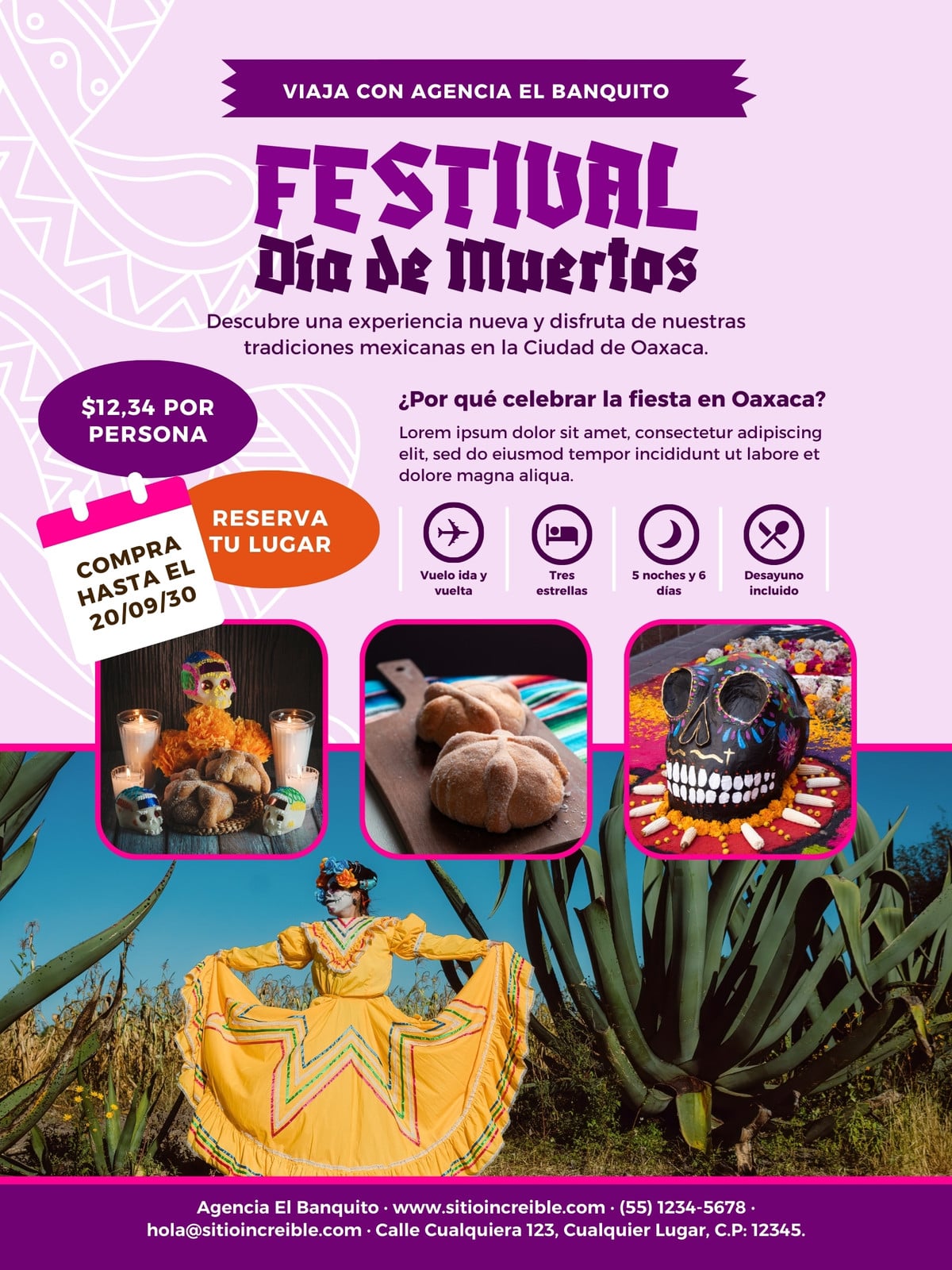 Cartel Póster tours o viajes para festival de día de muertos en México Mexicano Morado