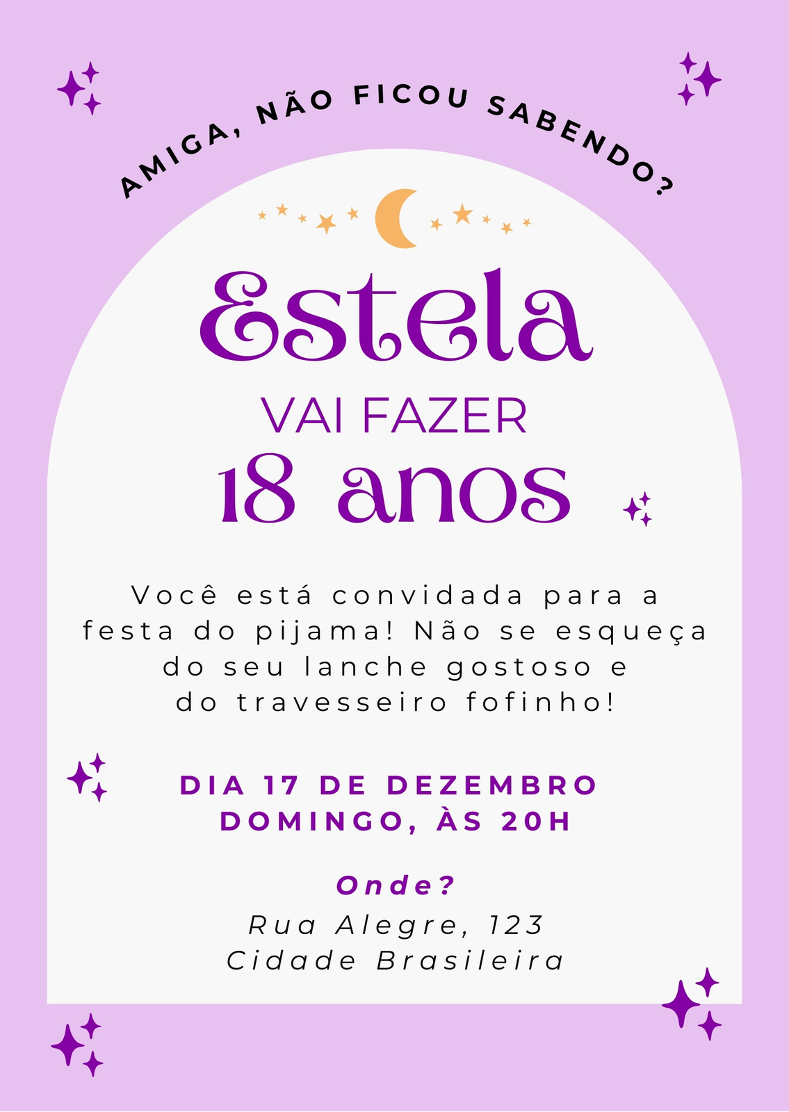 Convite de aniversário para festa do pijama moderno delicado lilás