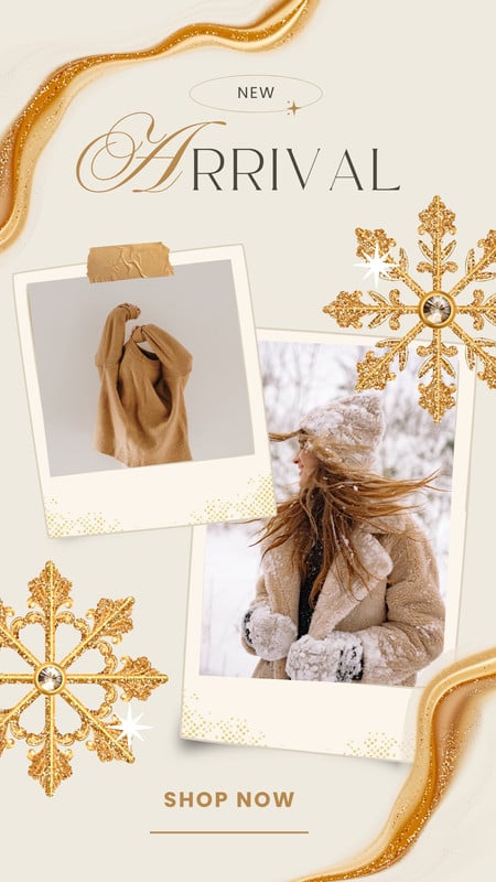 Elegant Luxury New Arrival Winter Fashion Instagram Reel Mobile Video Canva template, gold and beige