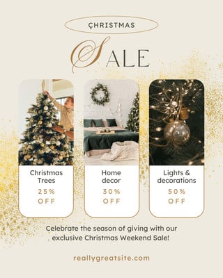 Elegant Christmas Sale Business Instagram Post Canva template, gold and beige