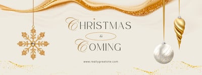 Elegant Aesthetic Christmas Is Coming Holiday Facebook Cover Canva template, gold and beige