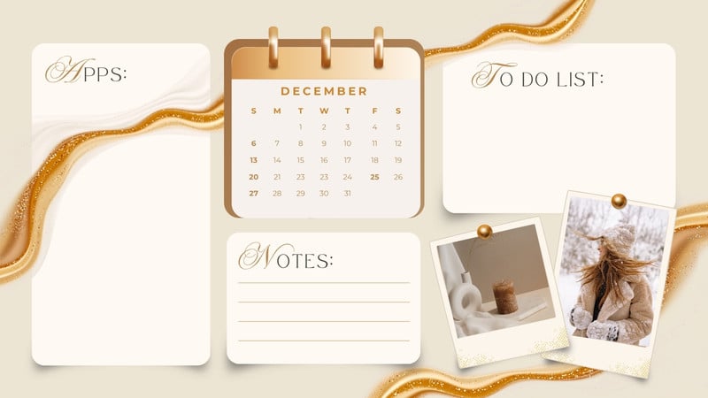 Elegant Aesthetic December 2026 Calendar Organizer Desktop Wallpaper Canva template, gold and beige