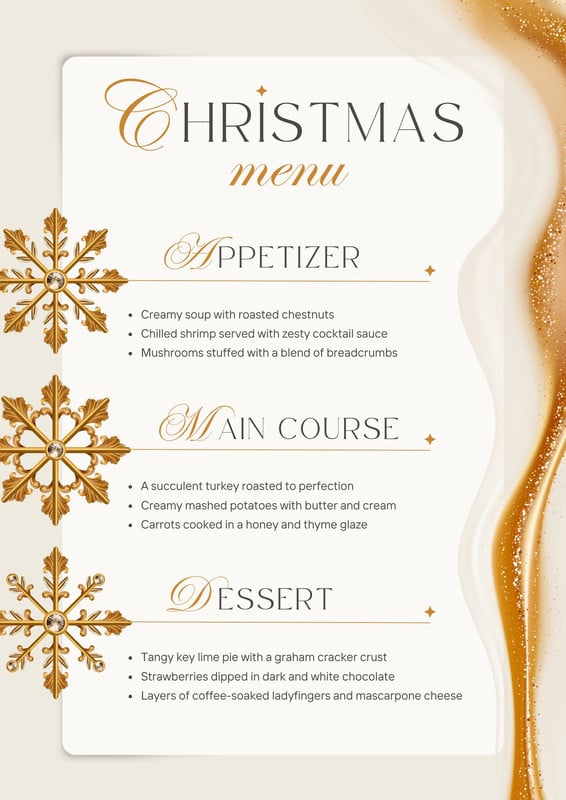 Elegant Luxury Holiday Dinner Christmas Menu Canva template, beige and gold