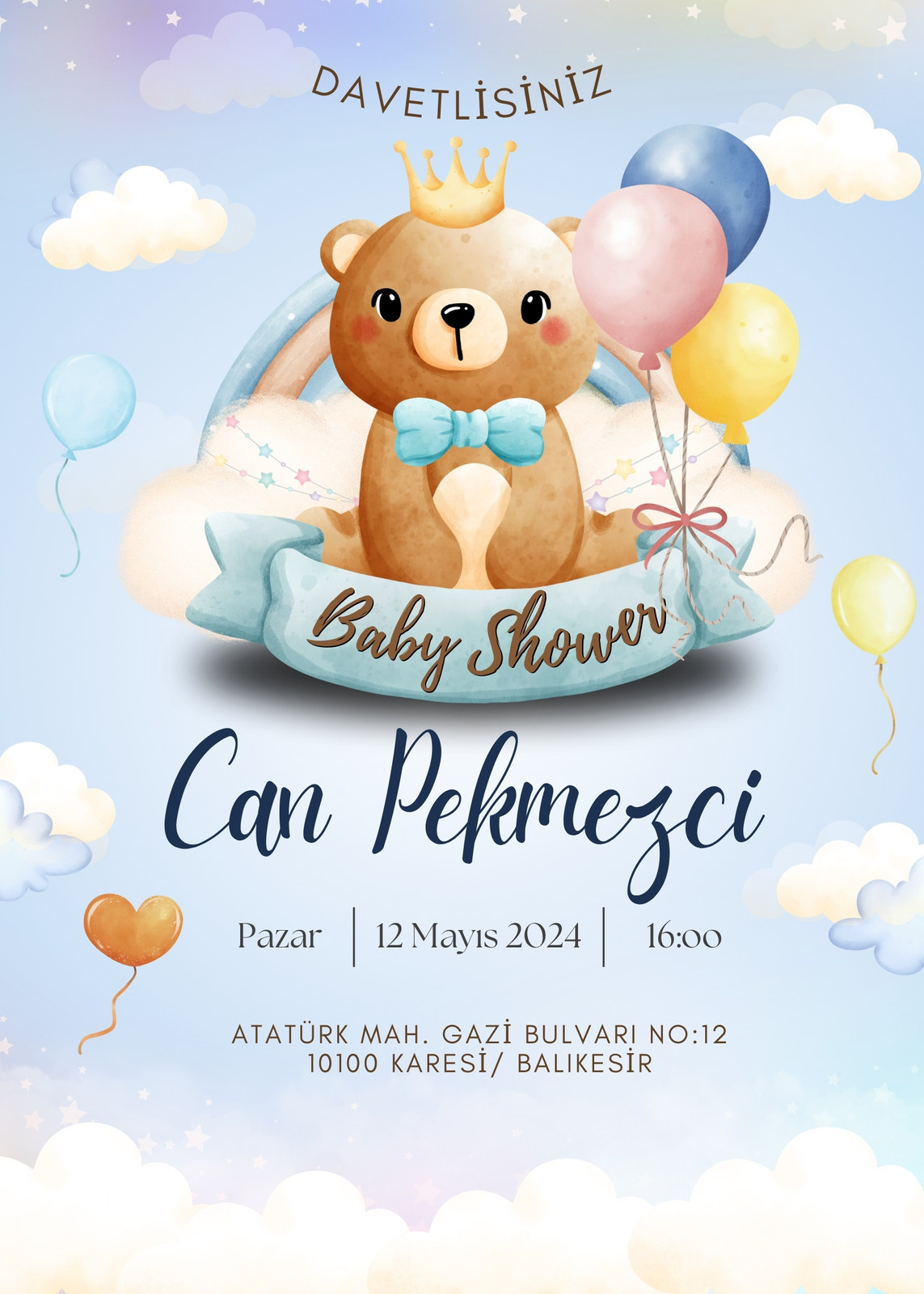 Mavi, Beyaz, Kahverengi Modern Eğlenceli Ayı Temalı Baby Shower Parti Davetiyesi Mavi, Beyaz, Kahverengi Modern Eğlenceli Ayı Temalı Baby Shower Parti Davetiyesi