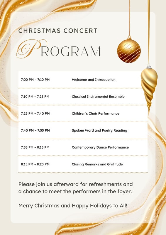 Festive Elegant Christmas Concert Program Canva template, beige and gold