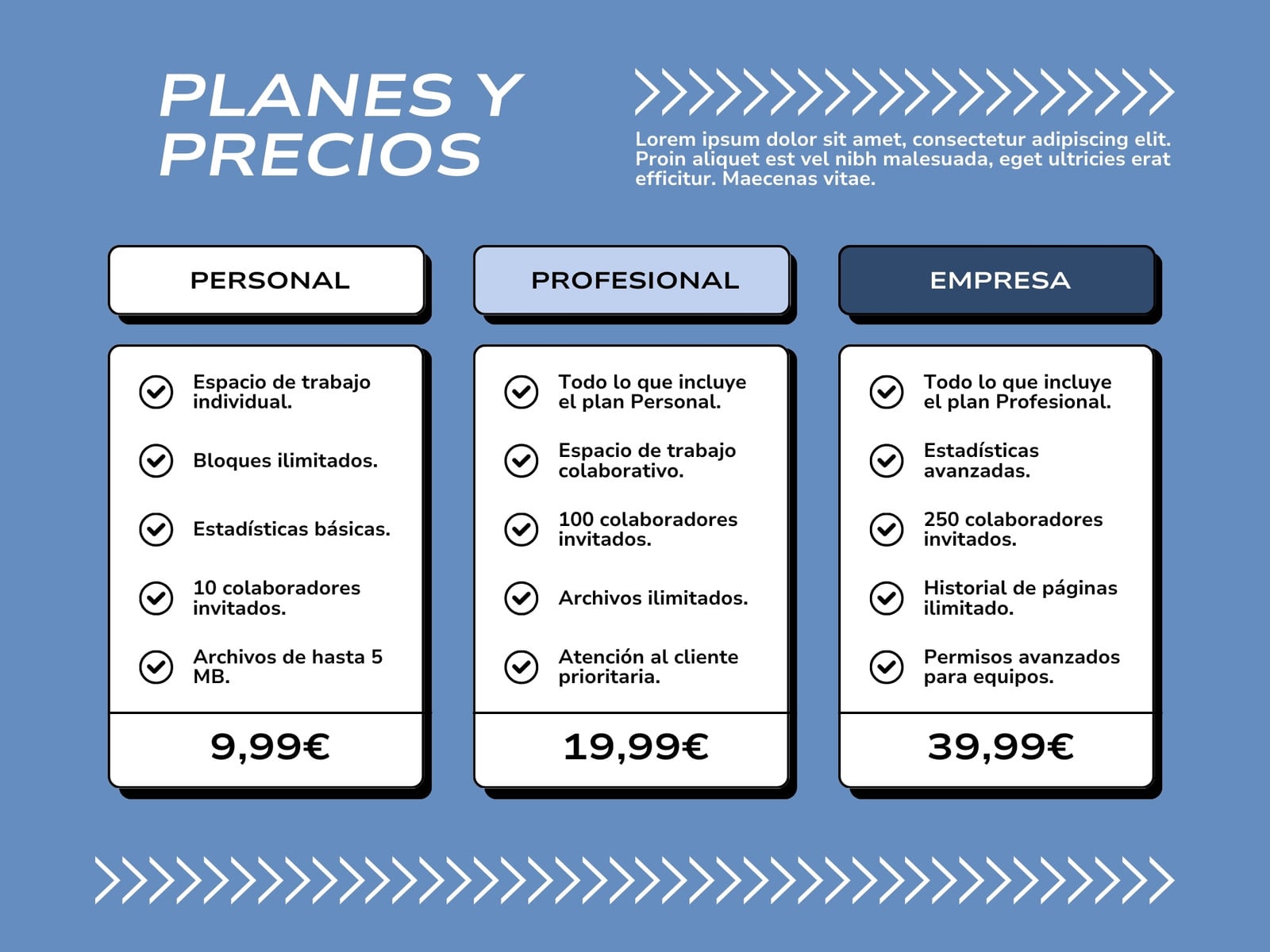 Gráfico Tabla Comparativa Precios Corporativo y Profesional Azul y Blanco