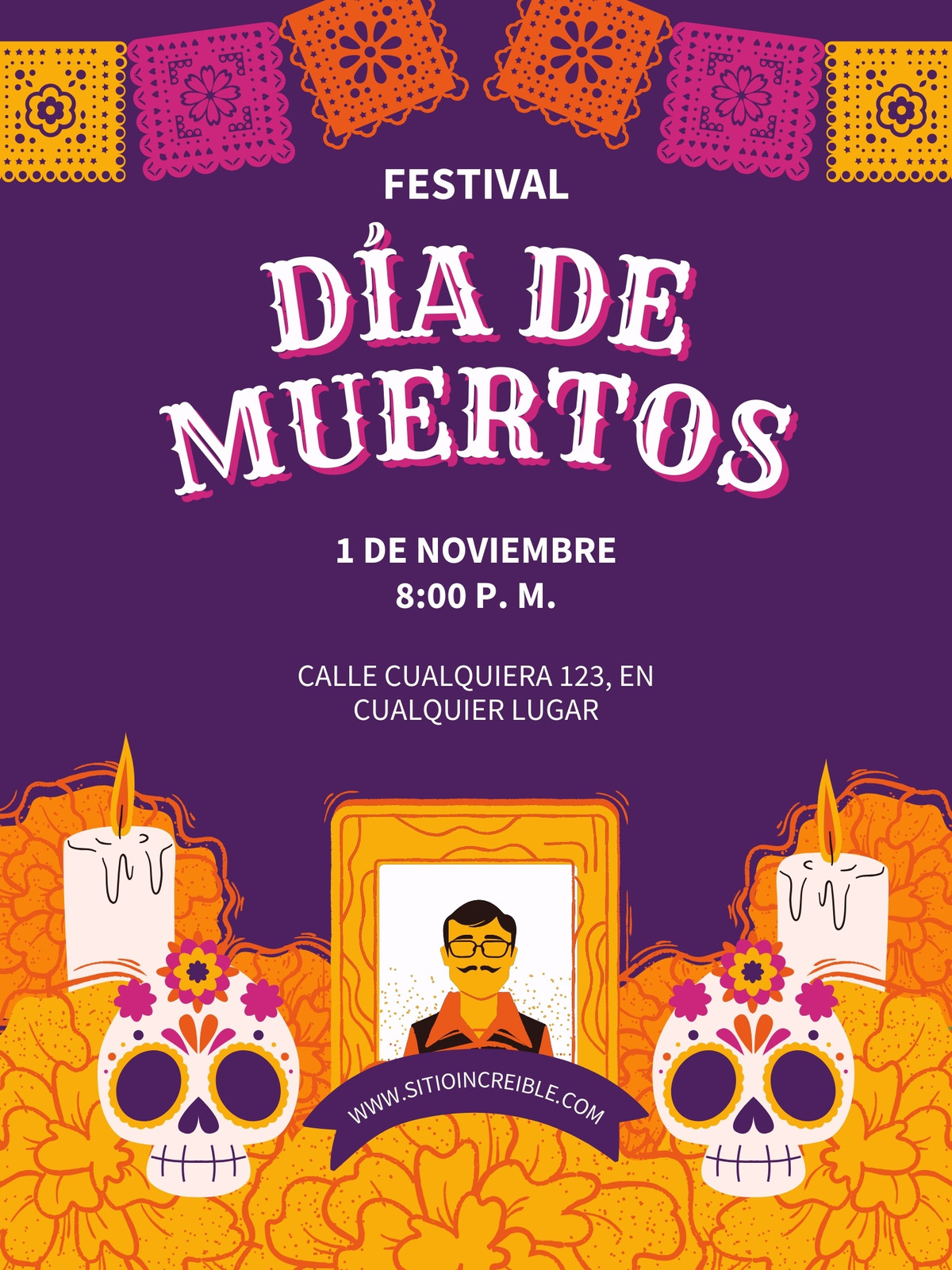Cartel de Día de Muertos - Póster, festival, ilustrado, morado y amarillo