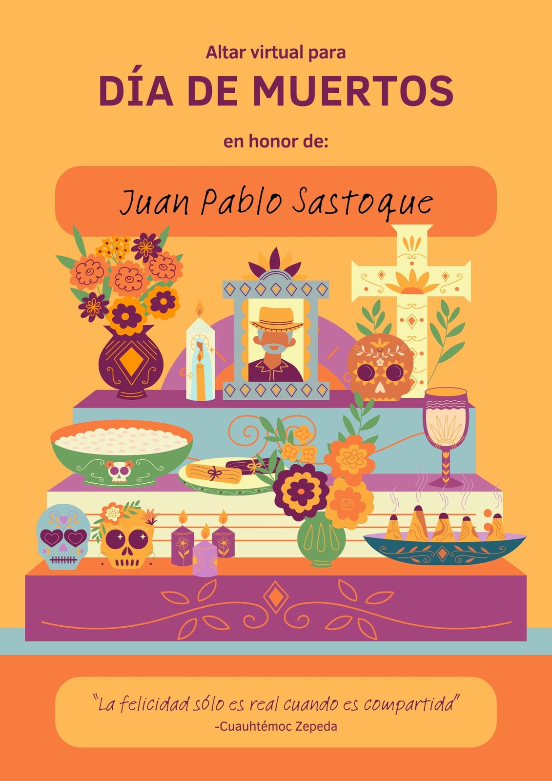 Cartel de Día de Muertos - Póster, altar virtual en México, ilustrado y amarillo