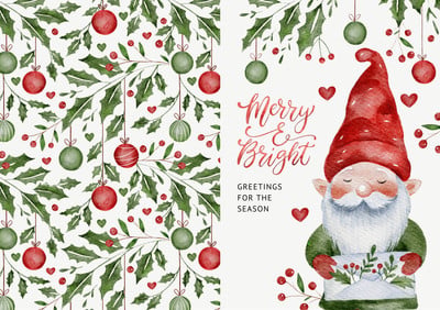 Cute Gnome Watercolor Merry and Bright Christmas Folded Card Canva template, green and red