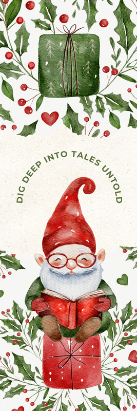 Cute Watercolor Gnome Reading a Book Christmas Bookmark Canva template, red and green