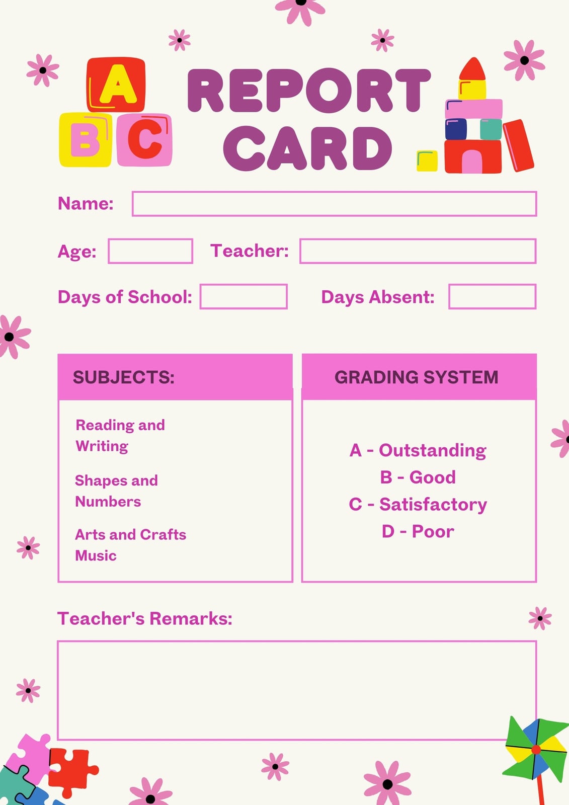 Free custom printable preschool report card templates | Canva