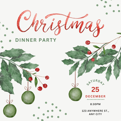 Watercolor Floral Typography Christmas Invitation Canva template, green and red