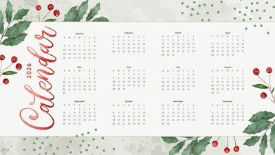 Cute Floral Watercolor 2026 Yearly Calendar Canva template, red and green