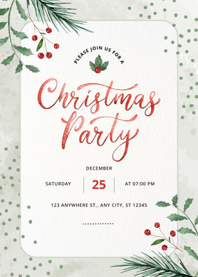 Floral Watercolor Christmas Party Invitation Canva template, red and green