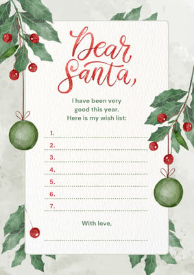 Cute Typography Wish List Santa Letter Canva template, green and red