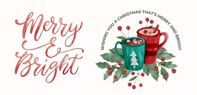 Cute Illustrated Merry and Bright Christmas Wraparound Mug Canva template, red and green