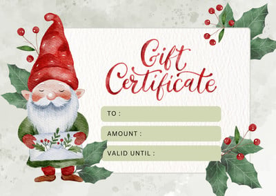 Cute Illustrated Watercolor Gnome Christmas Gift Certificate Canva template, green and red